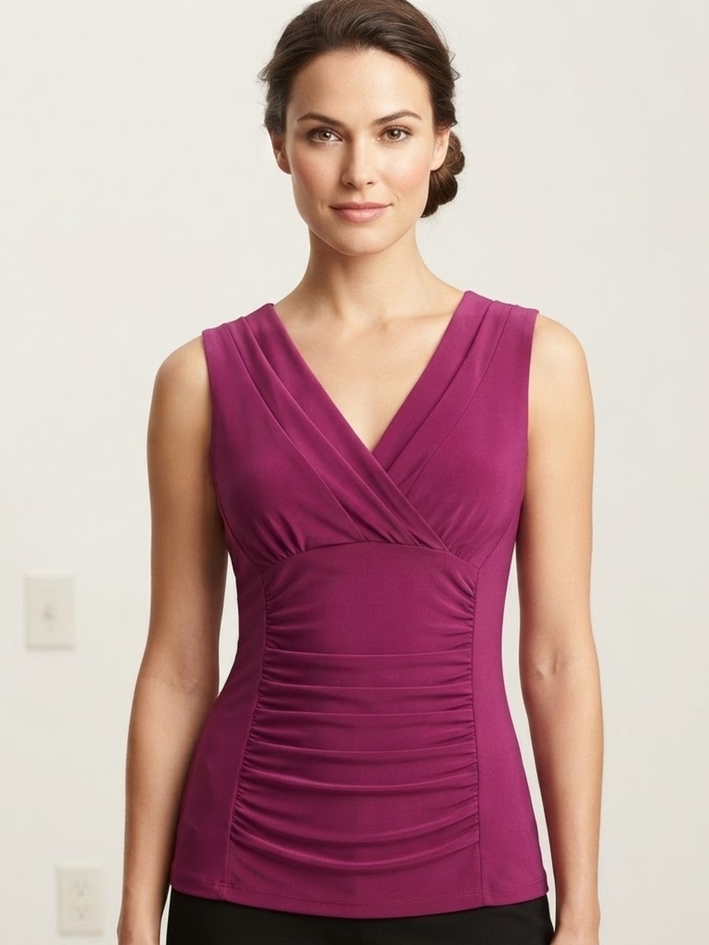 White House Black Market Sleeveless V-Neck Ruched Top - Magenta